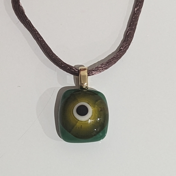 Hand Crafted Other - Artisan Handmade green evil eye drop pendant necklace on brown fabric chain